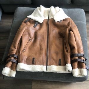 ZARA MEN BROWN FAUX LEATHER CONTRAST DOUBLE COLLAR JACKET